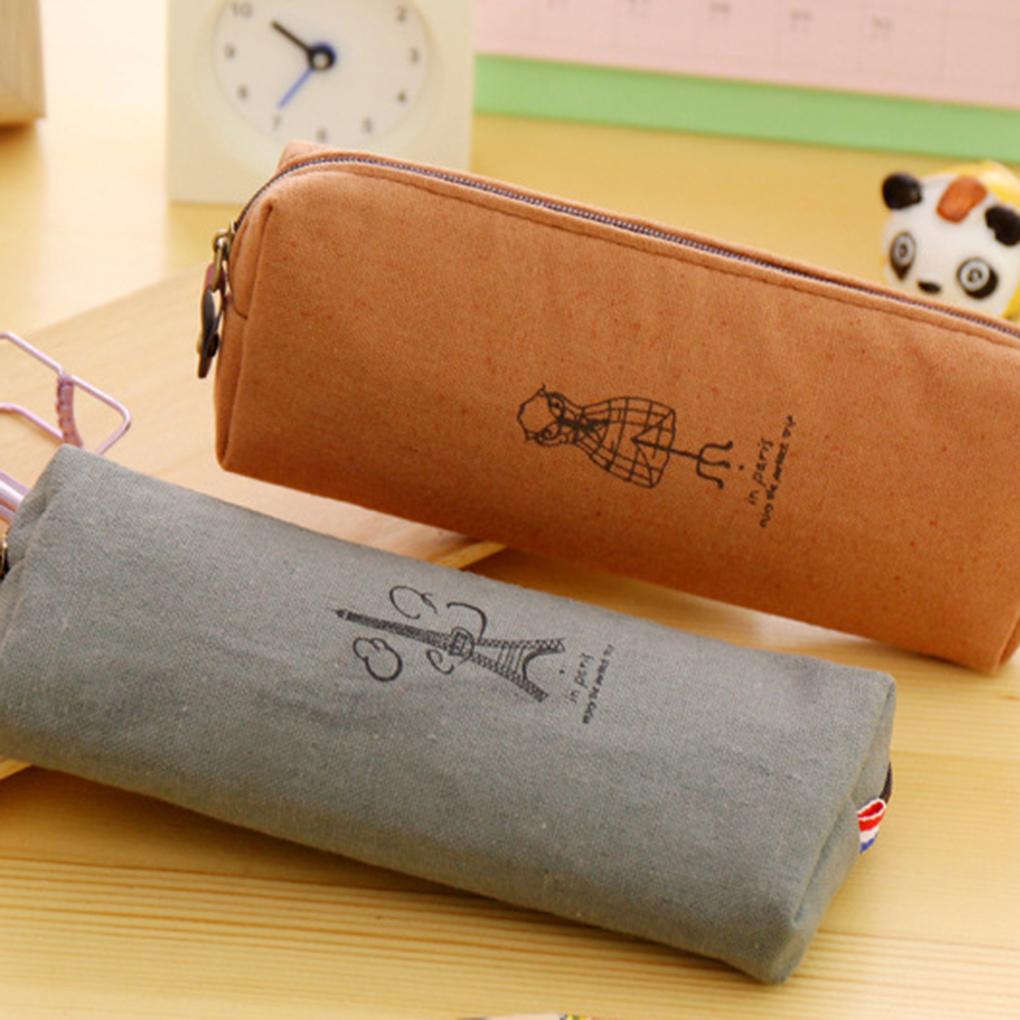 Grid Organizer Burlap Pencil Case Cosmetic Pouch Stationery Storage Makeup Bag