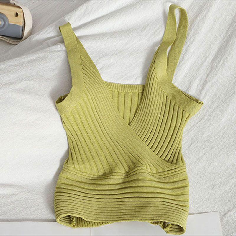 

Универсальный облегающий базовый топ на весну и лето, однотонный короткий трикотажный жилет в полоску для студентов One size