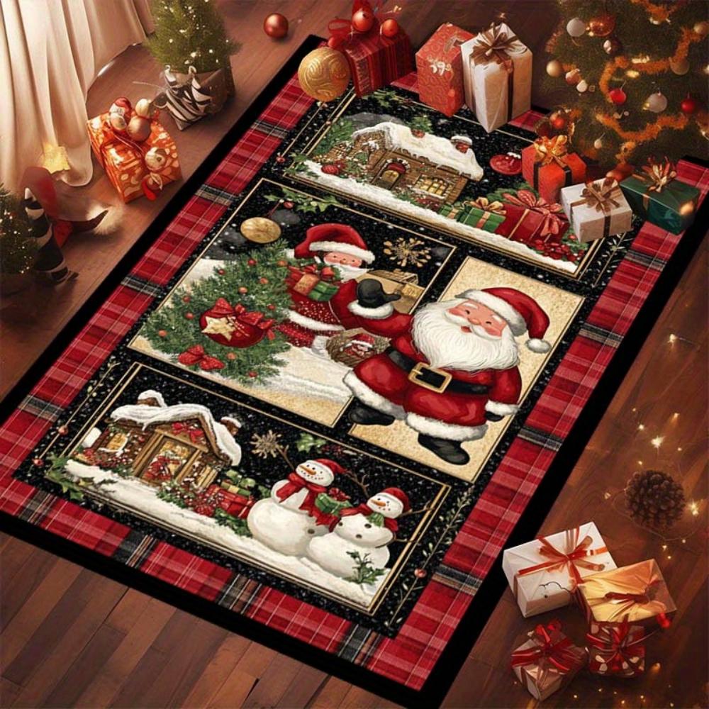 Christmas Plaid Carpet Santa Claus Snowman Cabin Print Area Rug Large Festive Floor Mat for Living Room Bedside Winter Decor