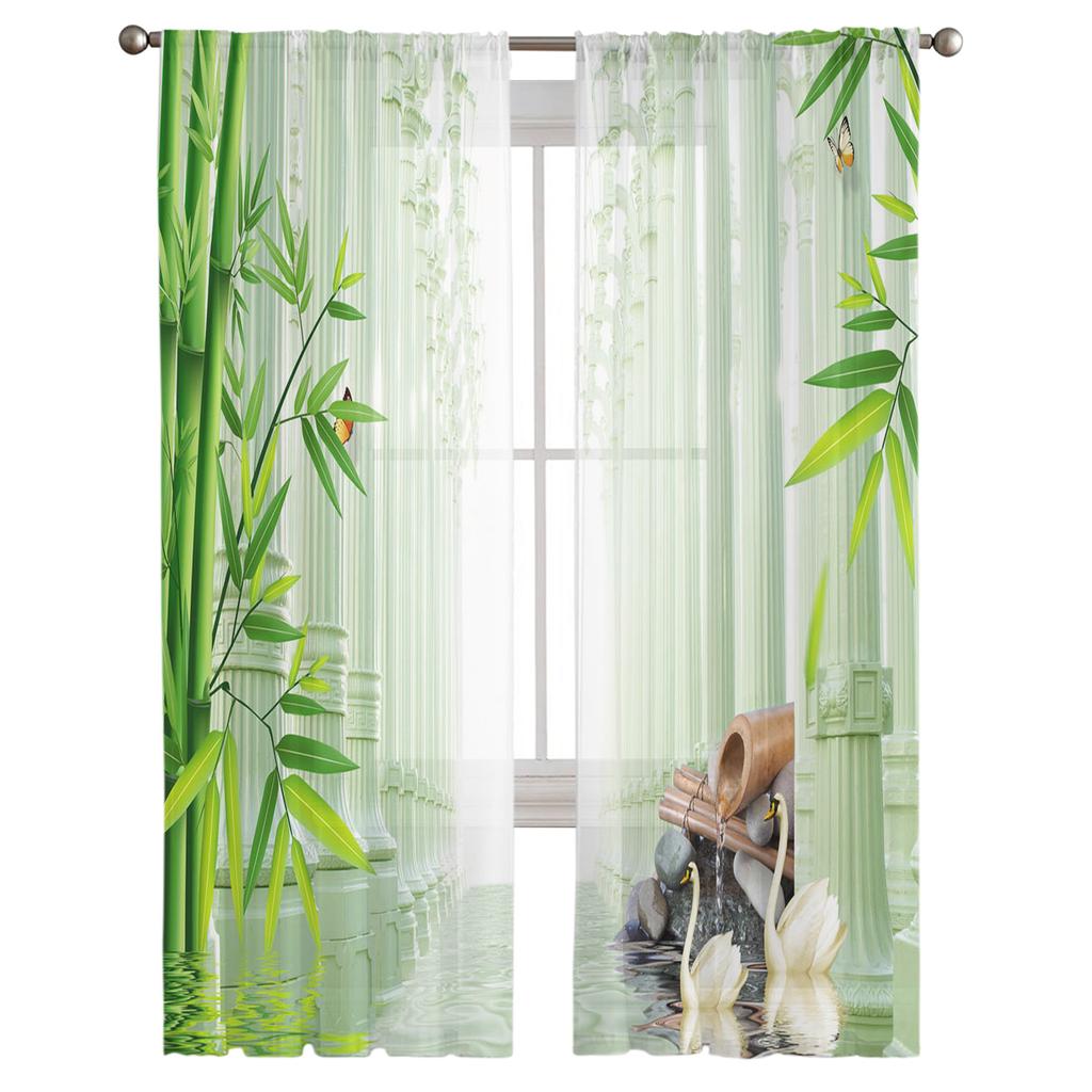 Bamboo Swan Pillar Water Surface Stone Curtains Tulle For Living Room Bedroom Kitchen Chiffon Sheer Window Treatment Decorations
