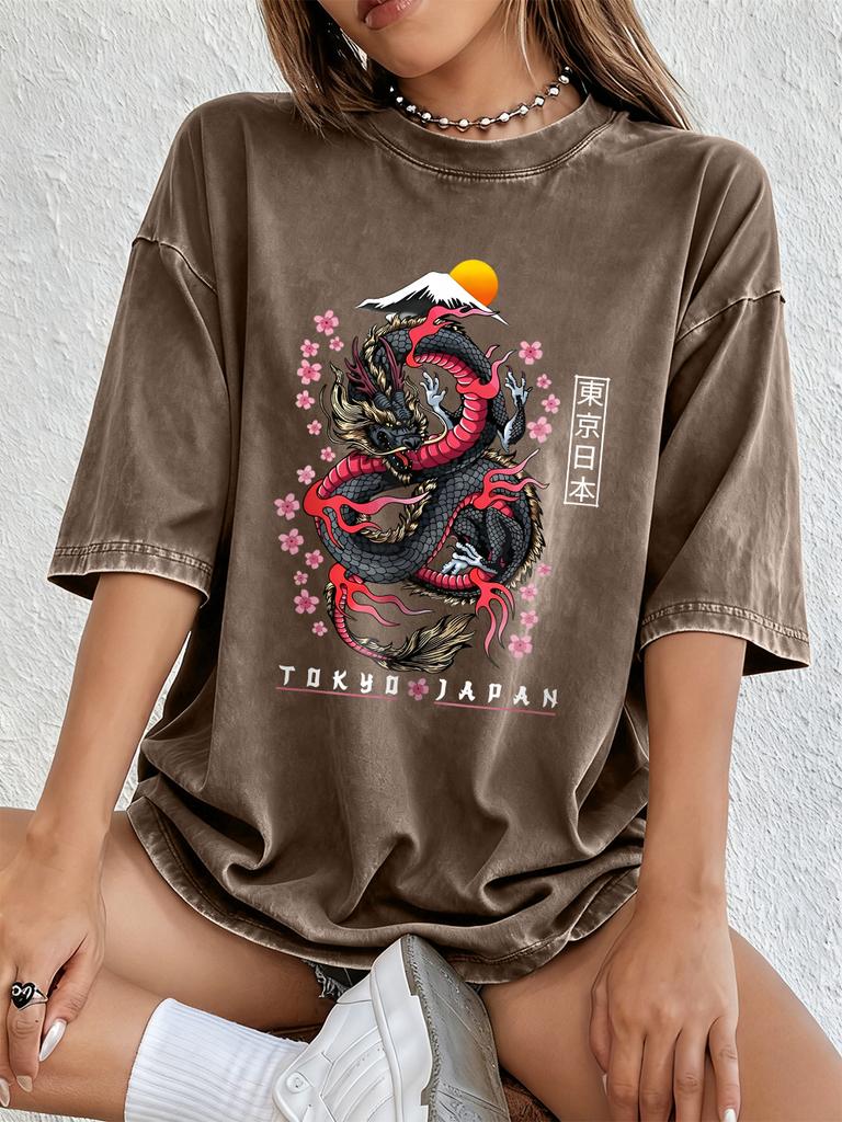 Tokyo Japan Dragon Cotton Washed TShirts Womens Summer Oversized Tops ONeck Comfortable Short Sleeve T Shirt Basic Clothes