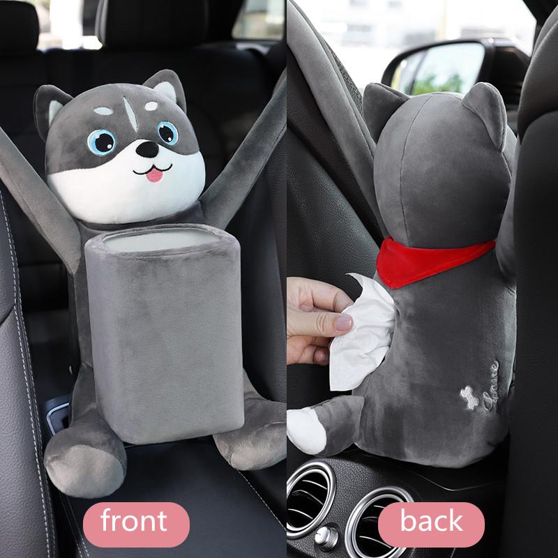 2 In1 Creative Cartoon Car Tissue Box Auto Seat Hanging Type Cute Plush Tissue Holder Armrest Box Plastic Storage Garbage