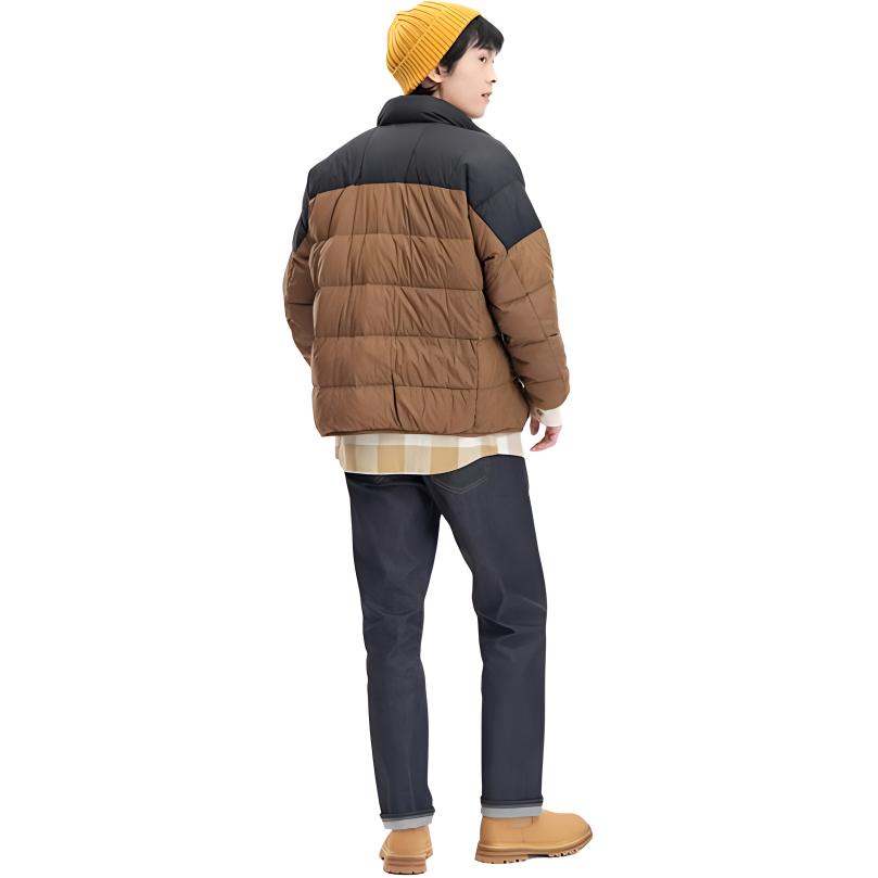 Uniqlo Color Block Stand Collar Zipper Low Saturation Down Jacket Men Outerwear Light-Brown 456570-35