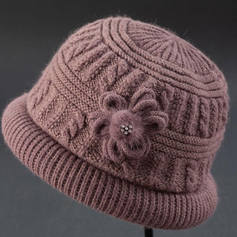 Middle-aged and Elderly Floral Knitted Thick Velvet Winter Hat