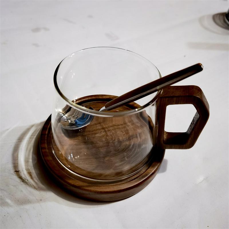 320ml Amerikanische Latte Hitzebeständige Glas Kaffeetasse Mit Holztablett Löffel Milchteetasse Frisch gemahlene Tasse Barista Cafe Zubehör