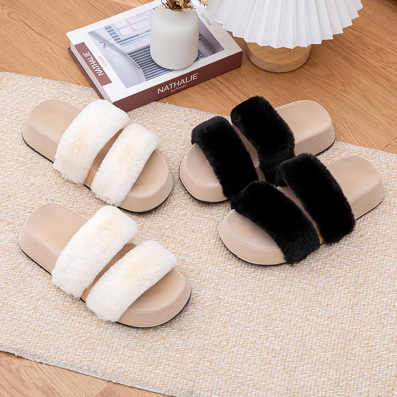 High-End Women's Furry Slippers: Thick-Soled, Non-Slip, Flat, Plus Velvet, Outdoor, 2025 Autumn/Winter Collection.