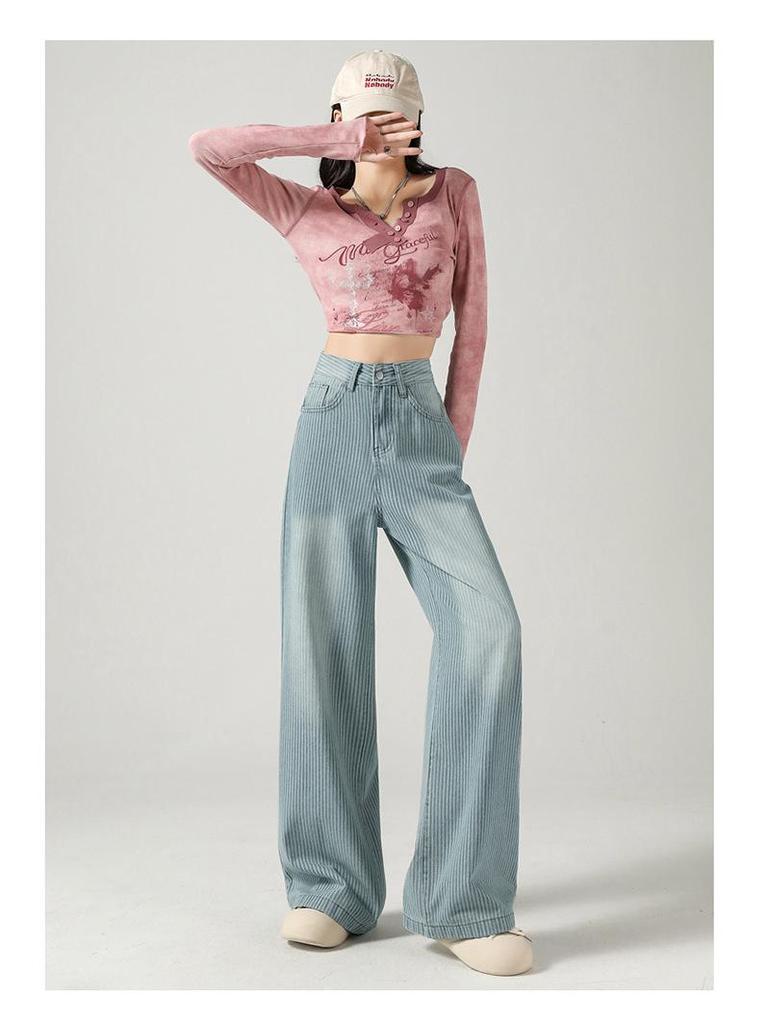 Women's Striped Wide-Leg High-Waisted Jeans - Slimming Loose Fit Black-Gray Floor-Length Pants for Spring and Autumn