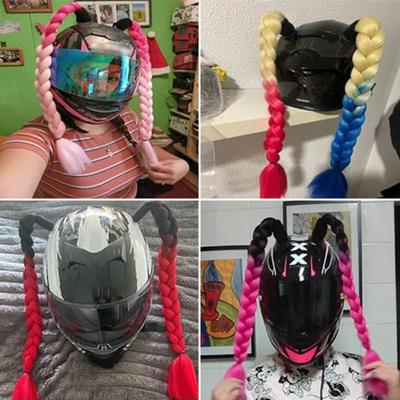 Nuevo Con Ventosa Trenzas Para Casco de Motocicleta Poliéster Colorido Trenzado Doble Cola de Caballo Trenzas de Mujer Peluca Para Cascos de Moto