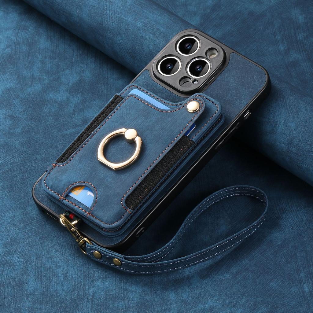 Rfid Blocking Pu Leather Phone Case With Ring Holder Strap Card Slot For Iphone