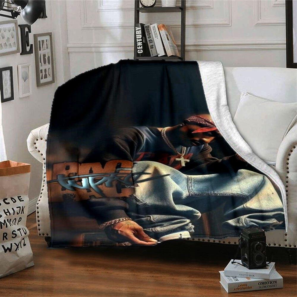 1pc 2PacHip Hop Blanket Soft Lightweight All Season Multi Purpose Throw for Sofa, Bed, Office & Picnics, French Style with Iconic Album Art & Quotes