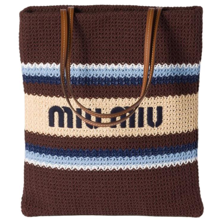 

MIU MIU Raffia Front Embroidered Logo Cotton Tote Shoulder Bag Women Bags Cocoa Light-Blue Natural 5BG248_2DO3_F04EM_V_OR1 Basic Set (Bag+Dust Bag)
