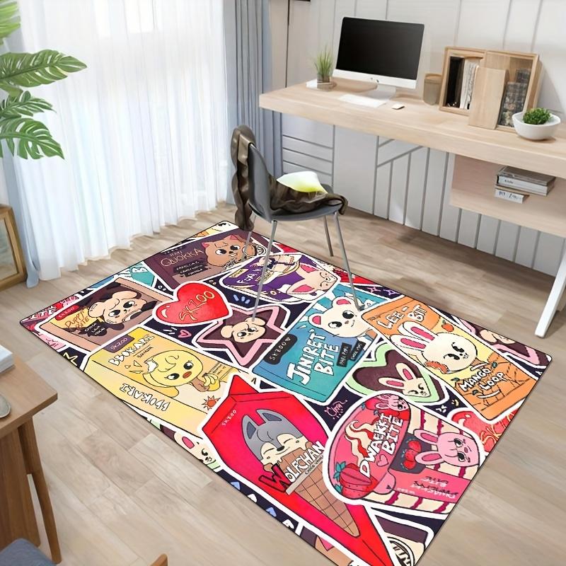 K-pop Idol Cute Cartoon Carpet Non-slip Polyester Carpet with Vibrant Mango and Rabbit Design for Bedroom Decor