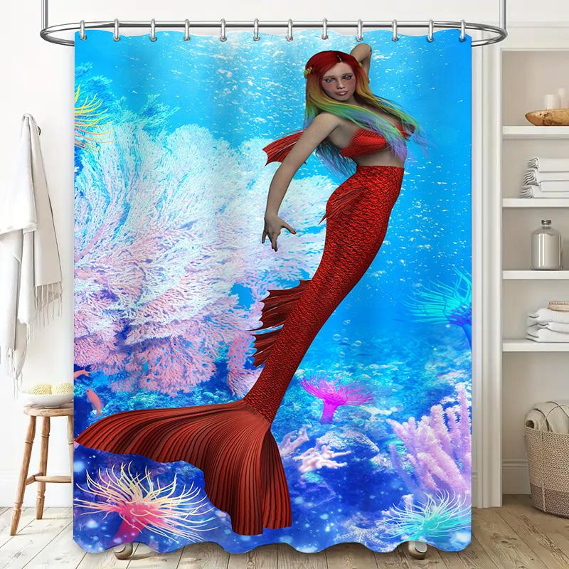 Mermaid Tail Shower Curtain Red Fish Scale Print Waterproof Fabric Home Decor Item For Bathroom Decoration