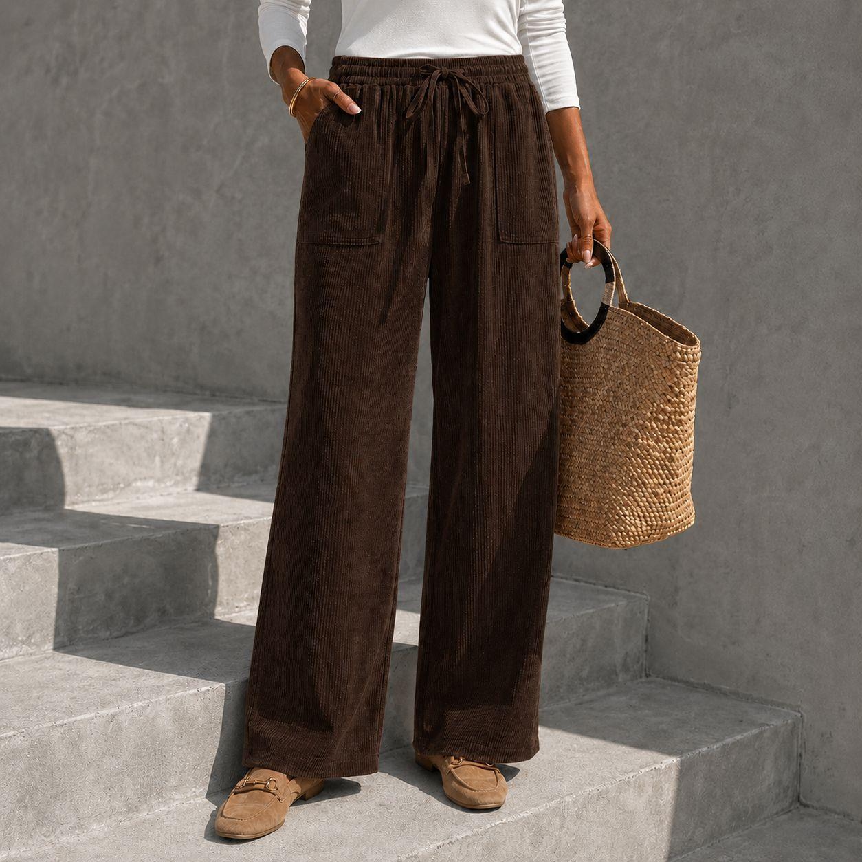 Damen Cord Cordhose mit weitem Bein Elastischer Kordelzug Hoher Bund Lässige Hose mit Taschen Locker Geschnittene Lange Hose S kaffeebraun