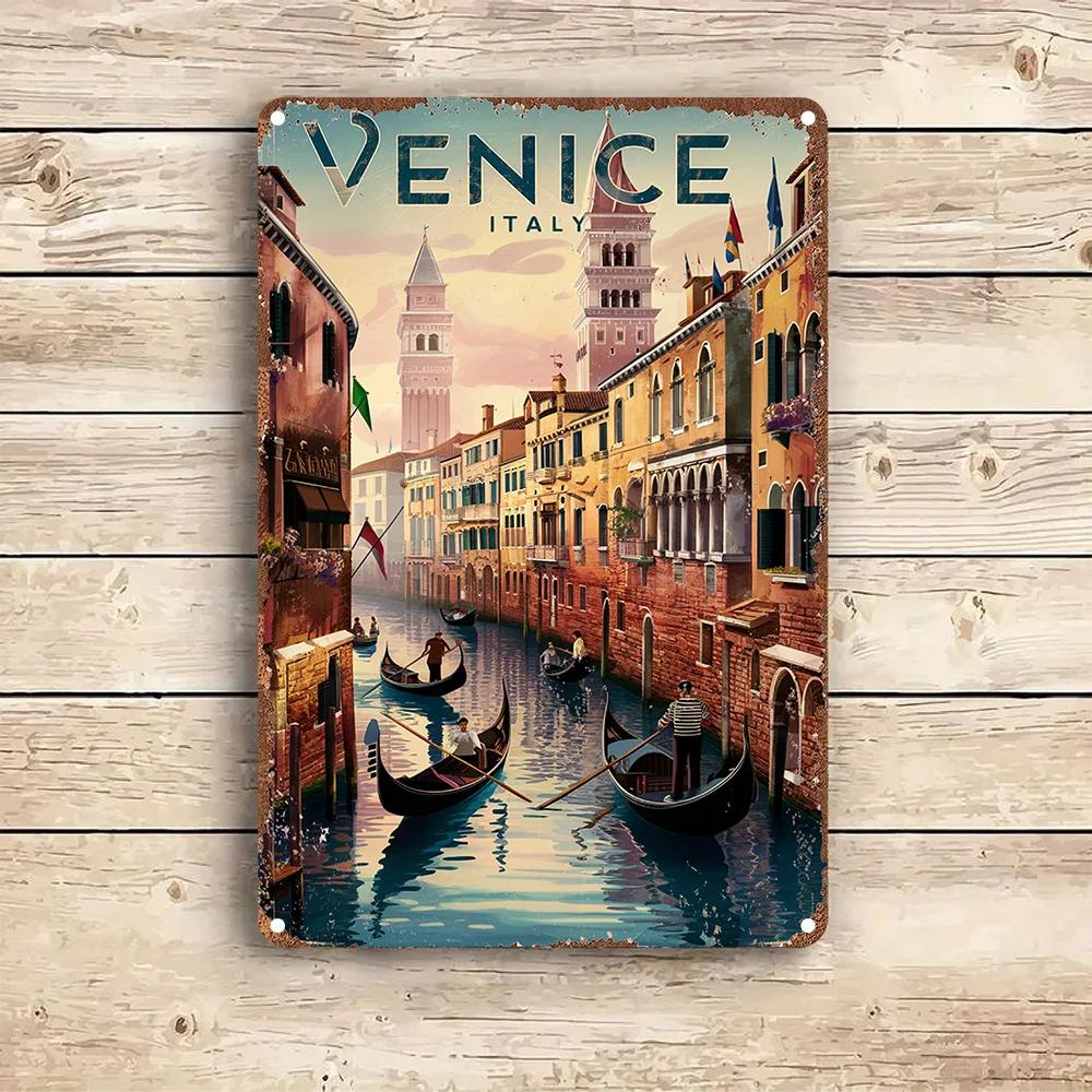Vintage Venedig Italien Landschaft Metall Blechschild - Rustikale Wandkunst mit Gondeln & Historischen Gebäuden, Perfekt für Zuhause, Bar, C