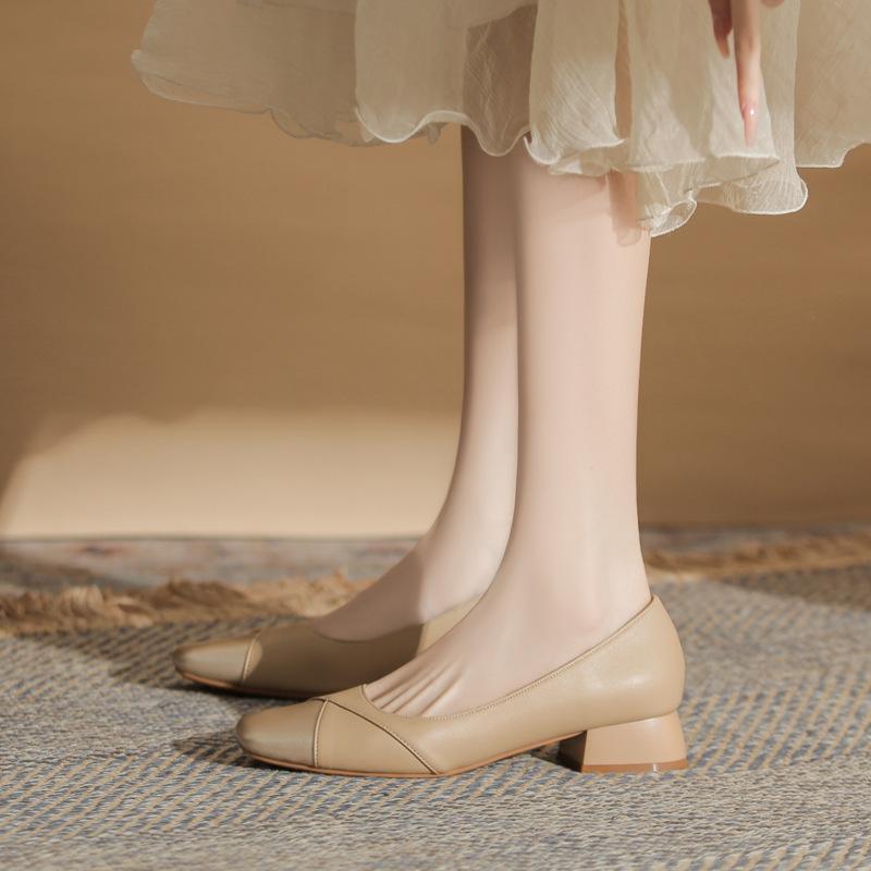 Super soft small man inner height increase 6cm ballet style splicing small square head shallow mouth pedal small thick heel single shoes female summer