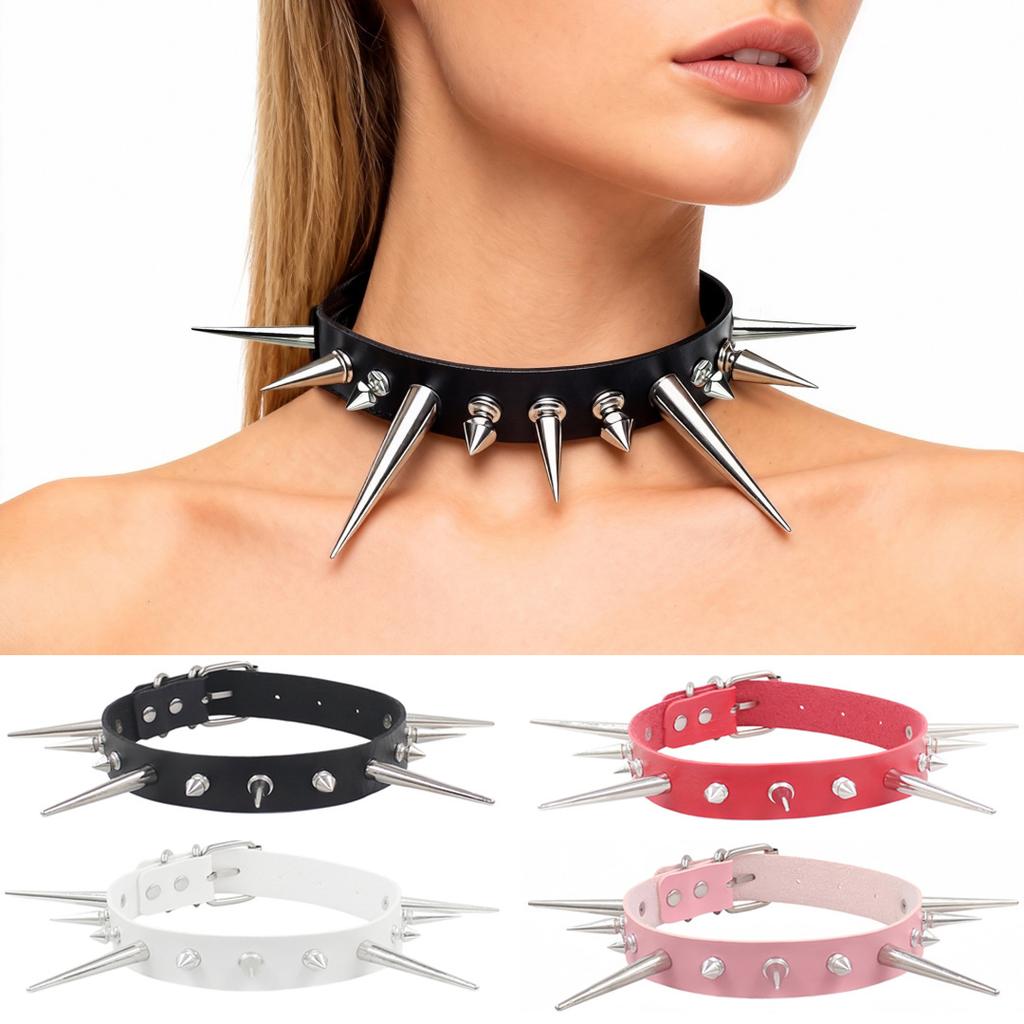Eco-friendly PU Leather European and American Fashion Punk Style Gothic Long and Short Rivets Spikes Exaggerated Collar Collar Necklace Necklace
