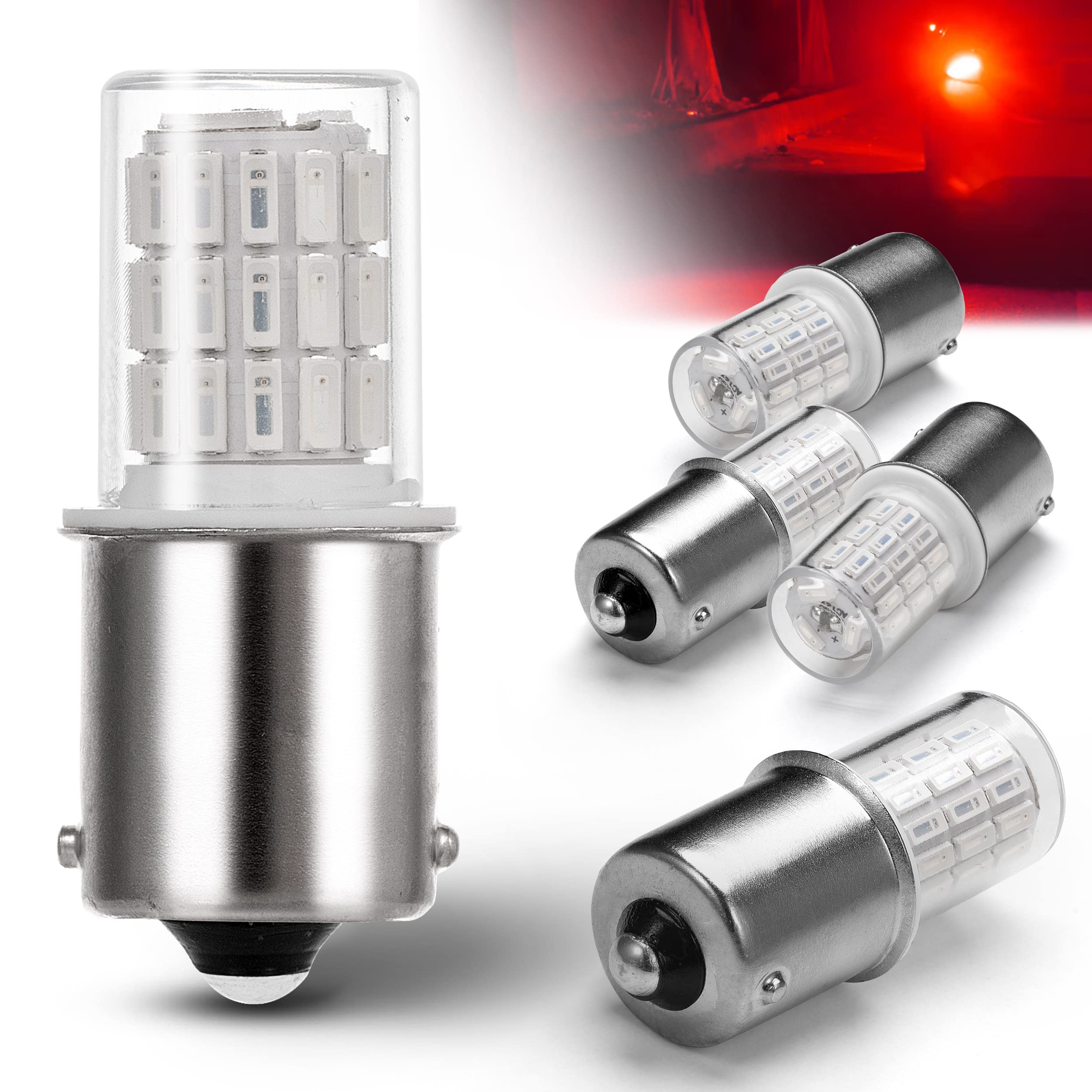 

S25 Single Red LED Pin 1156 BA15S G18 P21W S25 Single LED Backup Tail Brake Light (180° Angle) 12V-24V Light, Light, (4-Pack Red)