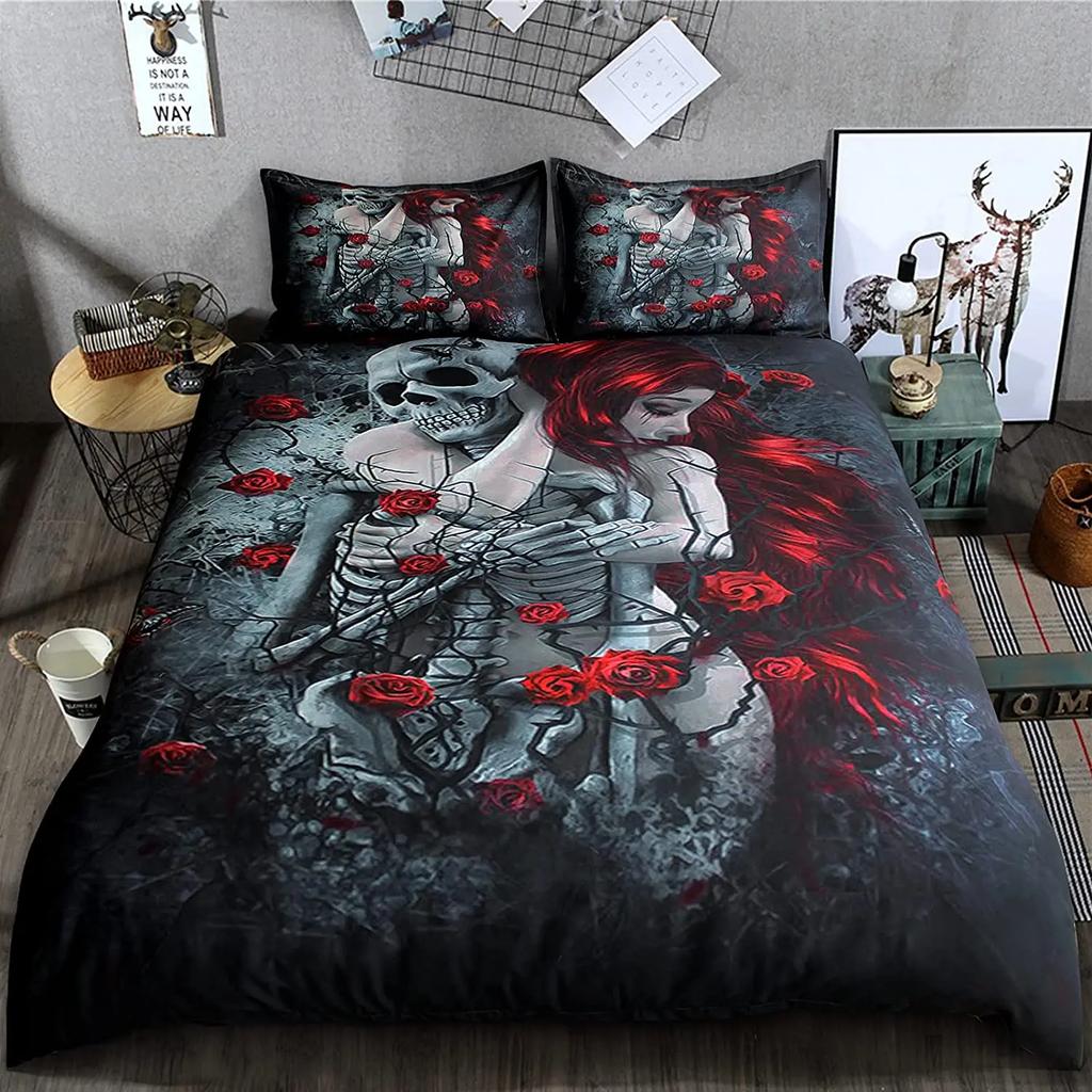 Sugar Skull Duvet Cover Set, Monochrome Skull with Roses Leaves and Diamond Shape Folklore Festival Print,Decorative Bedding Set