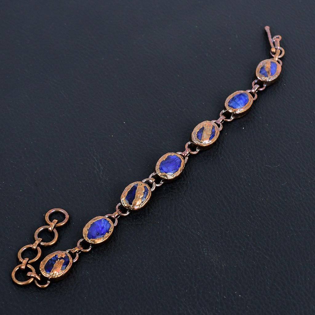 Blaues Saphirarmband, Handgefertigtes Edelsteinarmband, Kupfer elektrogeformter Antikschmuck, Für Verlobungsgeschenk