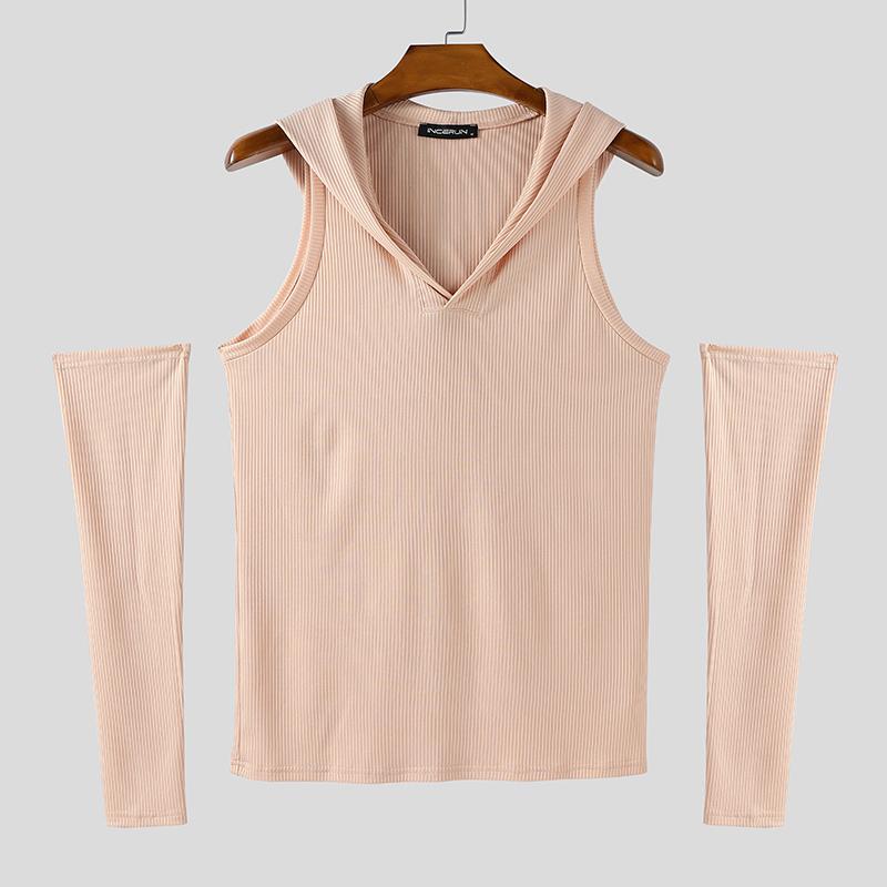 INCERUN Men Sleeveless Rib Casual Fitted Hooded Tank Tops with Oversleeve