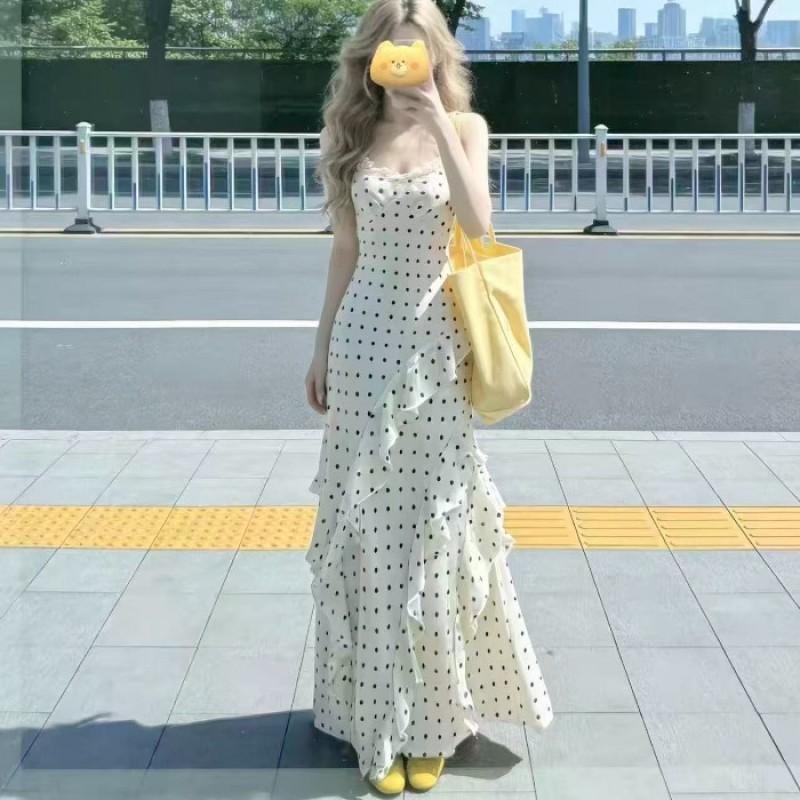 Womens Polka Dot A-Line Midi Dress With Ruffle Trim Sleeveless High-Waist Wrap Style Vacation Small