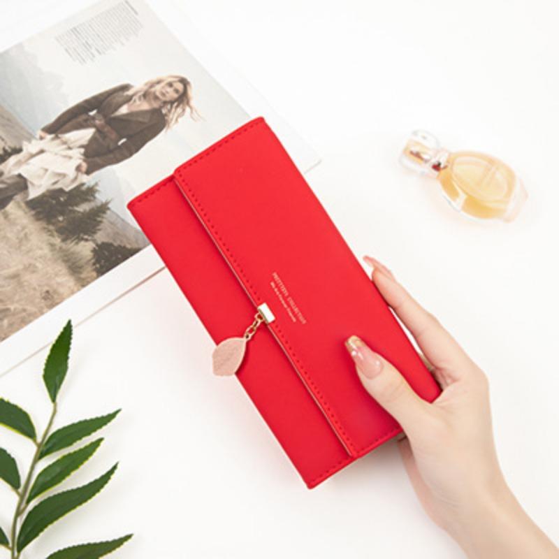 Women Long Wallet Korean PU Leather Leaf Pendant Tri-fold Bag Multi Function Clutch Large Capacity