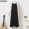 VONDA Summer Women Round Neck Sleeveless Solid Color Holiday Beach Long Pleated Dress