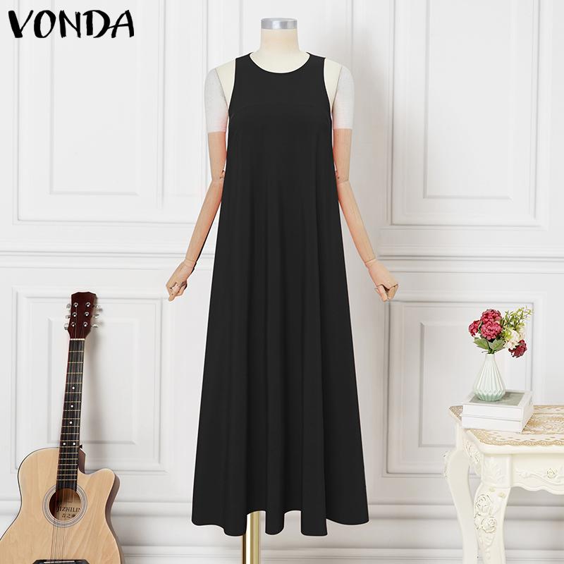 VONDA Summer Women Round Neck Sleeveless Solid Color Holiday Beach Long Pleated Dress