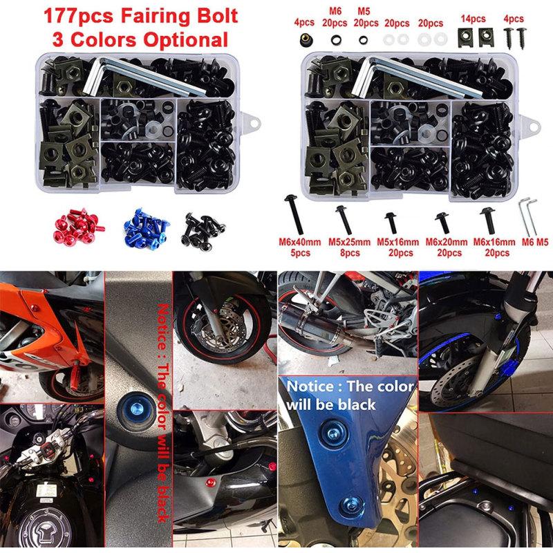 177ks/box Hliníkové šrouby na čelní sklo Barevné upevňovací prvky Sada šroubů na kapotu motocyklu