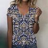 Damen V-Ausschnitt Kurzarm Top Lässiges Entspanntes T-Shirt mit Blumenmuster Leichter Weicher Stoff Pullover Bluse