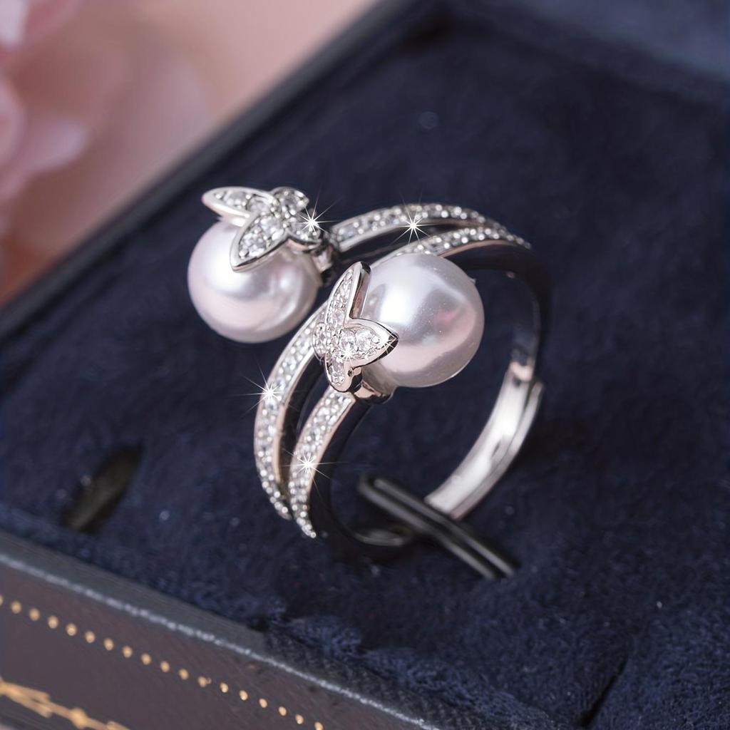 European and American Women's Fashion Design Butterfly Pearl Open Ring