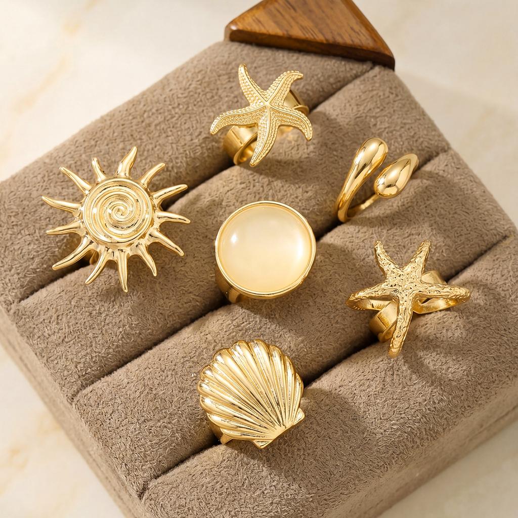 6 Pcs Gold Starfish Shell Open Ring Set for Women Sun Cat Eye Adjustable Knuckle Rings Summer Beach Boho Fashion Jewelry Gifts