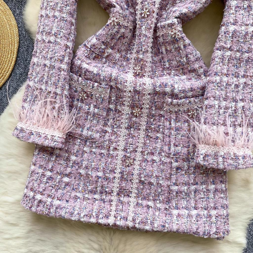Autumn Winter Small Fragrant Long Sleeve Feathers Splice Plaid Tweed Dresses Women V Neck Zipper Woolen Pocket Party Mini Dresses