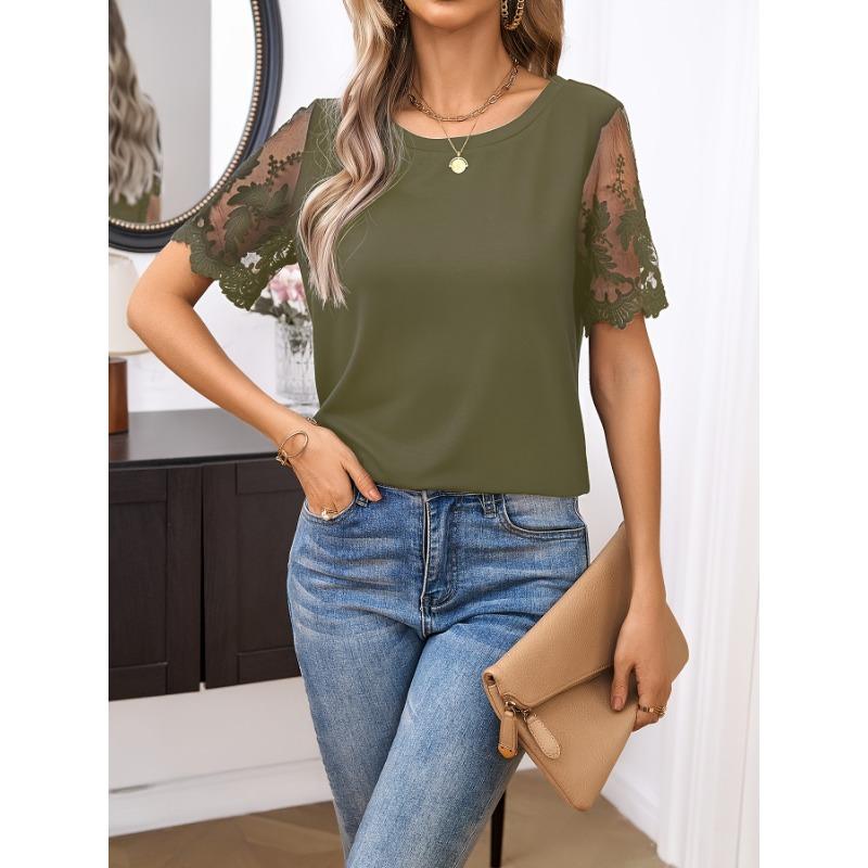 Women's Summer T-shirt Elegant Knit Spell Lace Round Neck Loose Mesh Splicing Short Sleeve Top