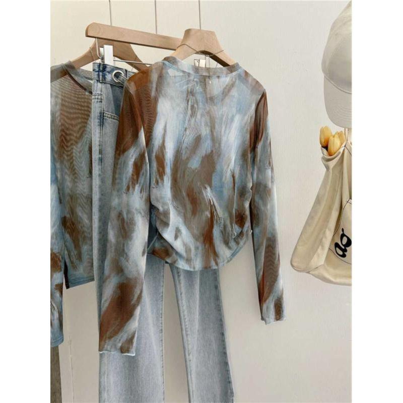 Self-Retained Best Selling Recommend ~ Tie-Dyed Mesh Shoulder Tops Women's Summer New Arrival Thin Breathable Lightweight Sun Protection Blouse