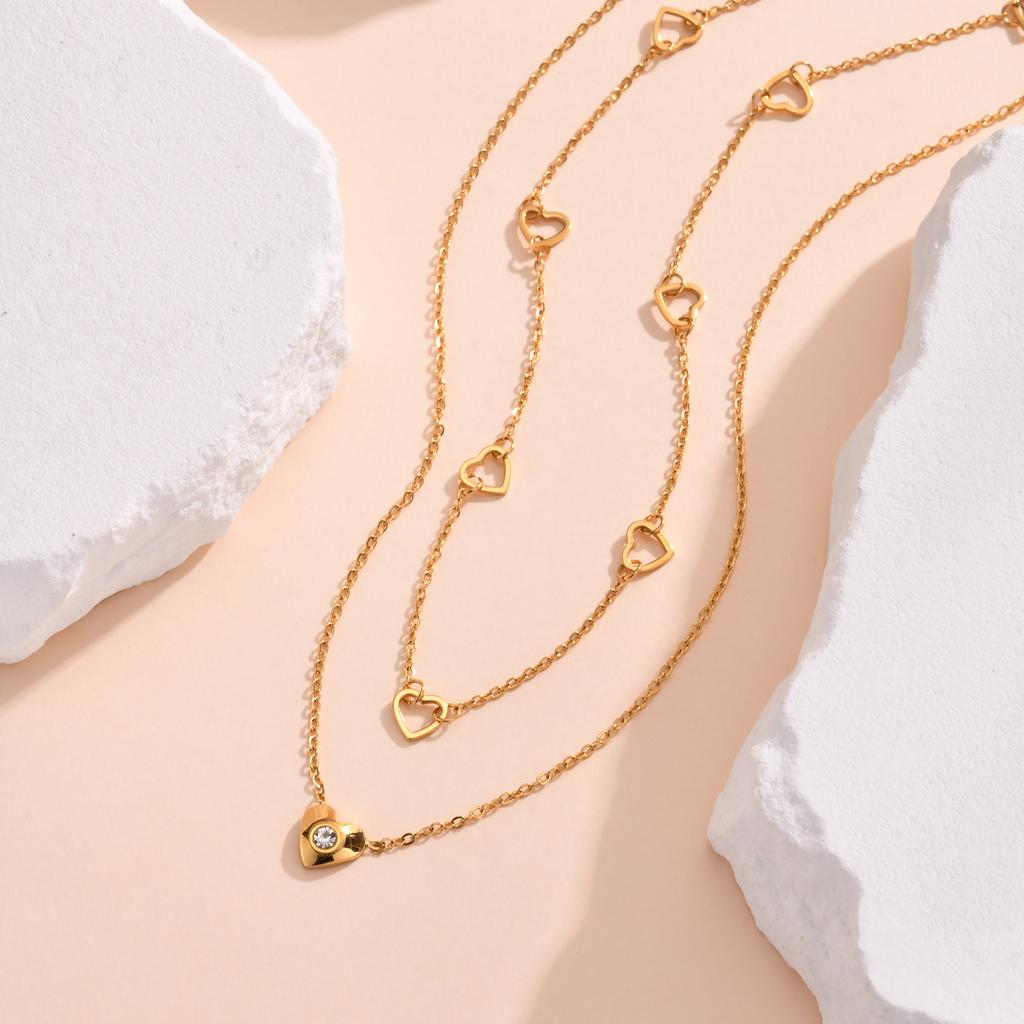 Stainless Steel Flat Cross Chain Zircon Heart Double Layer Necklace,Personalized Stacking Design Necklace,Valentine's Day Gift