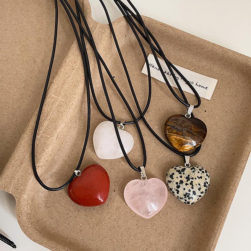 Natural Stone Heart Pendant Necklace - Black Cord, Women's Fashionable Choker for Commuting & Versatile Wear