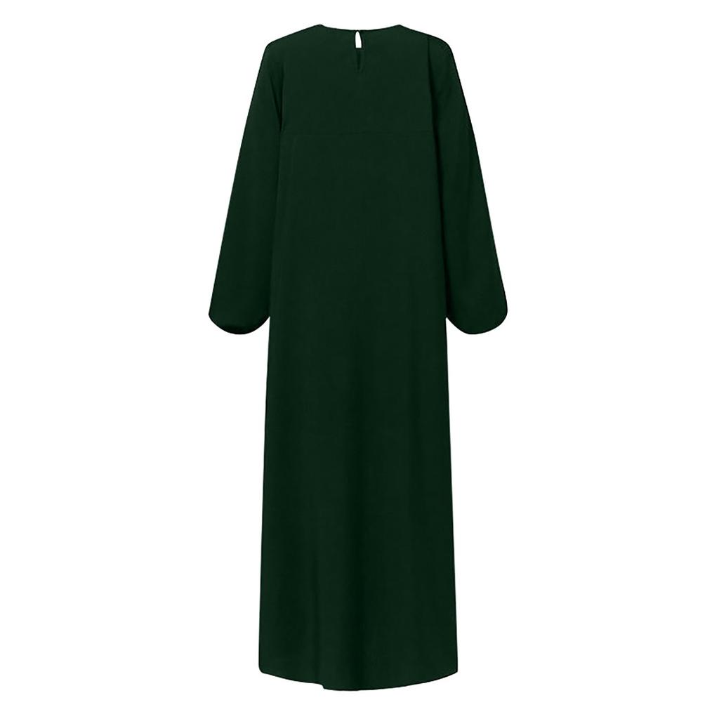 Women's Muslim Wind Temperament Elegant Pleated Dress Solid Color Round Neck Long Sleeve Pleated Dresses