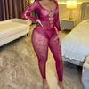 Sexy lingerie burgundy mesh sexy hollow one-piece pajamas long-sleeved backless tights