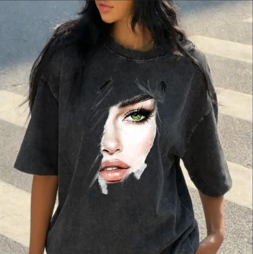 Abstract Colorful Face Art Oversized T-Shirt, Washed Polyester Casual Tee, Vibrant Woman Face Graphic Top for Art Lovers S