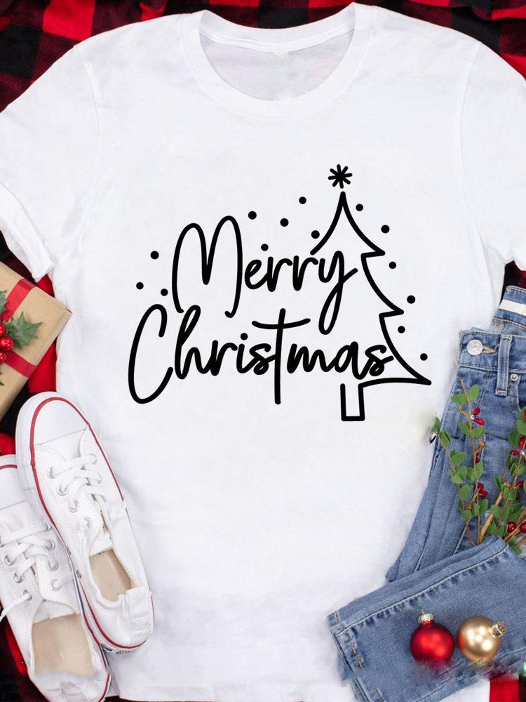 (Asian Size) Tee Top festival  Merry Christmas New Year Holiday Casual tree cute 90s Women Print Lady Short Sleeve Fashion Graphic T-shirts