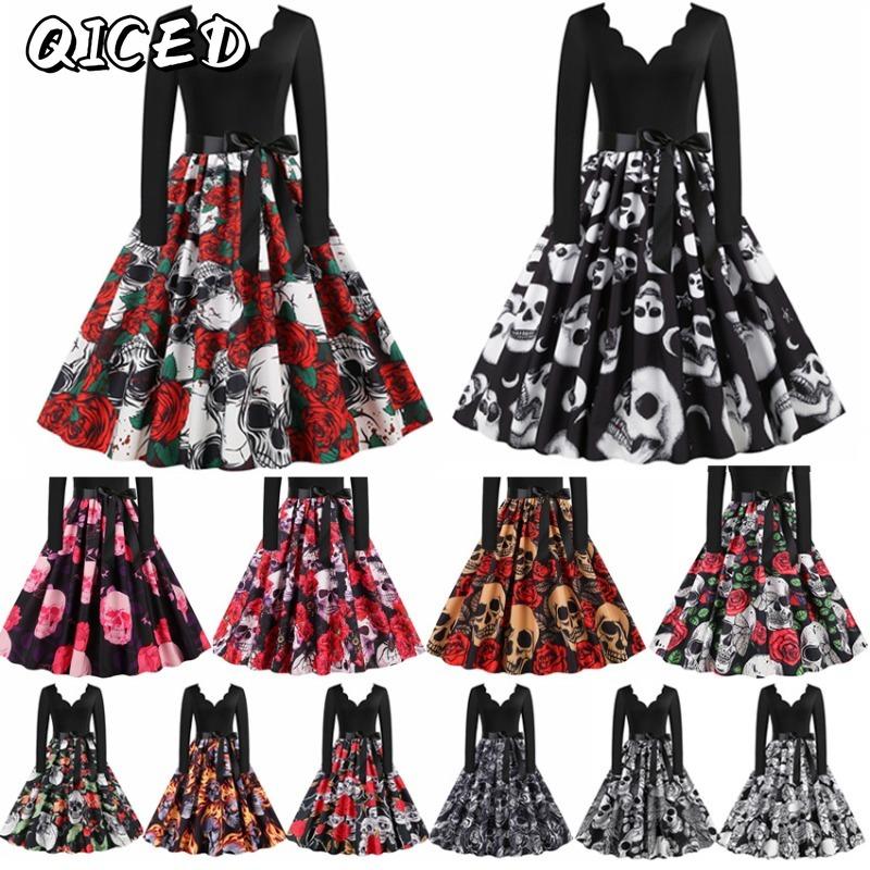 QICED Fashion Autumn Winter Long Sleeve V-Neck Casual Dresses