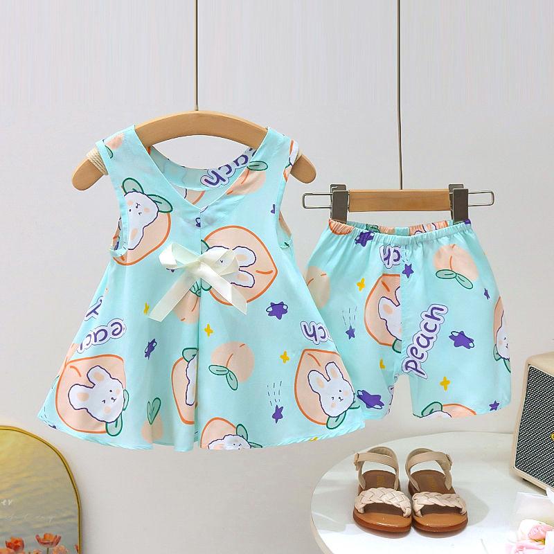 Girls' Summer Cotton and Silk Sleeveless Two-piece Floral Floral Floral Pattern Set