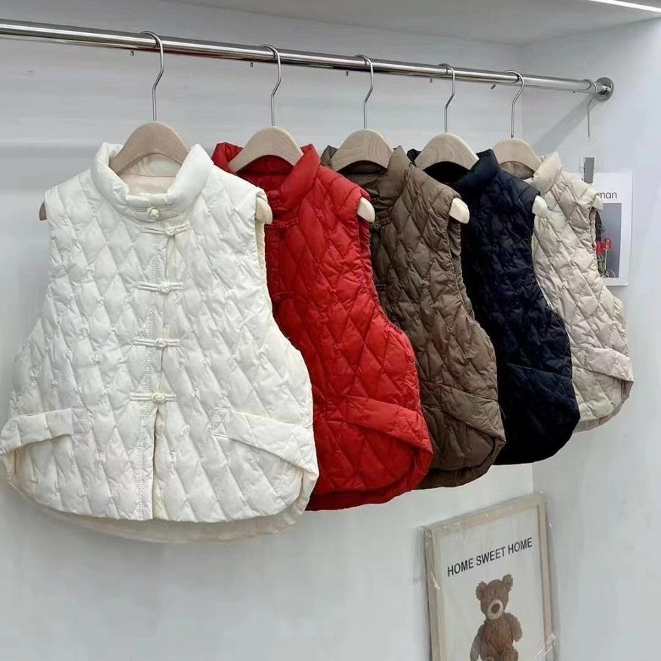 New Chinese buckle white duck down vest women's winter new fashion diamond stand-up collar solid color vest tide