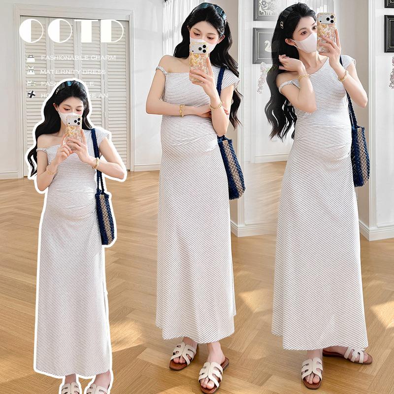 2026 Summer Striped Knit Maxi Dress - Trendy Short Sleeve Maternity Wear 2XL