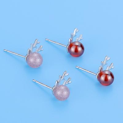 Boucles d'oreilles Élan de Noël Frais Têtes d'Aigle Zircon Rouge Grenat Doux Bois de Renne
