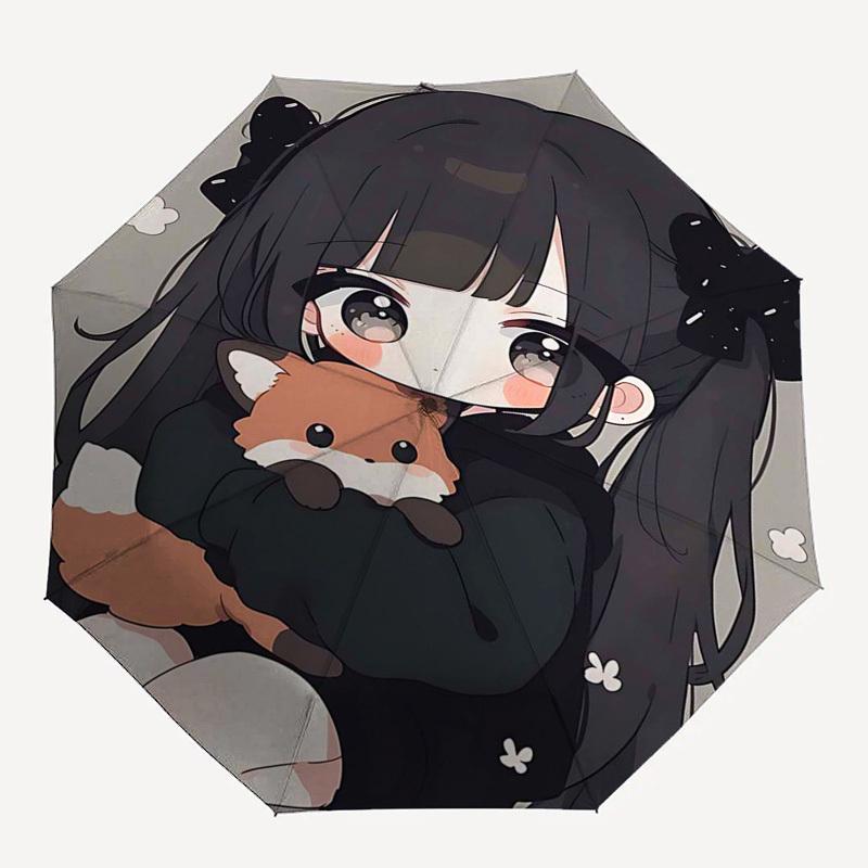 1pc Anime Character with Bowknot Design Automatic Opening/Closing Outdoor Umbrella - Portable Three-Fold Design, 8-Rib Iron Frame Outdoor Umbrell