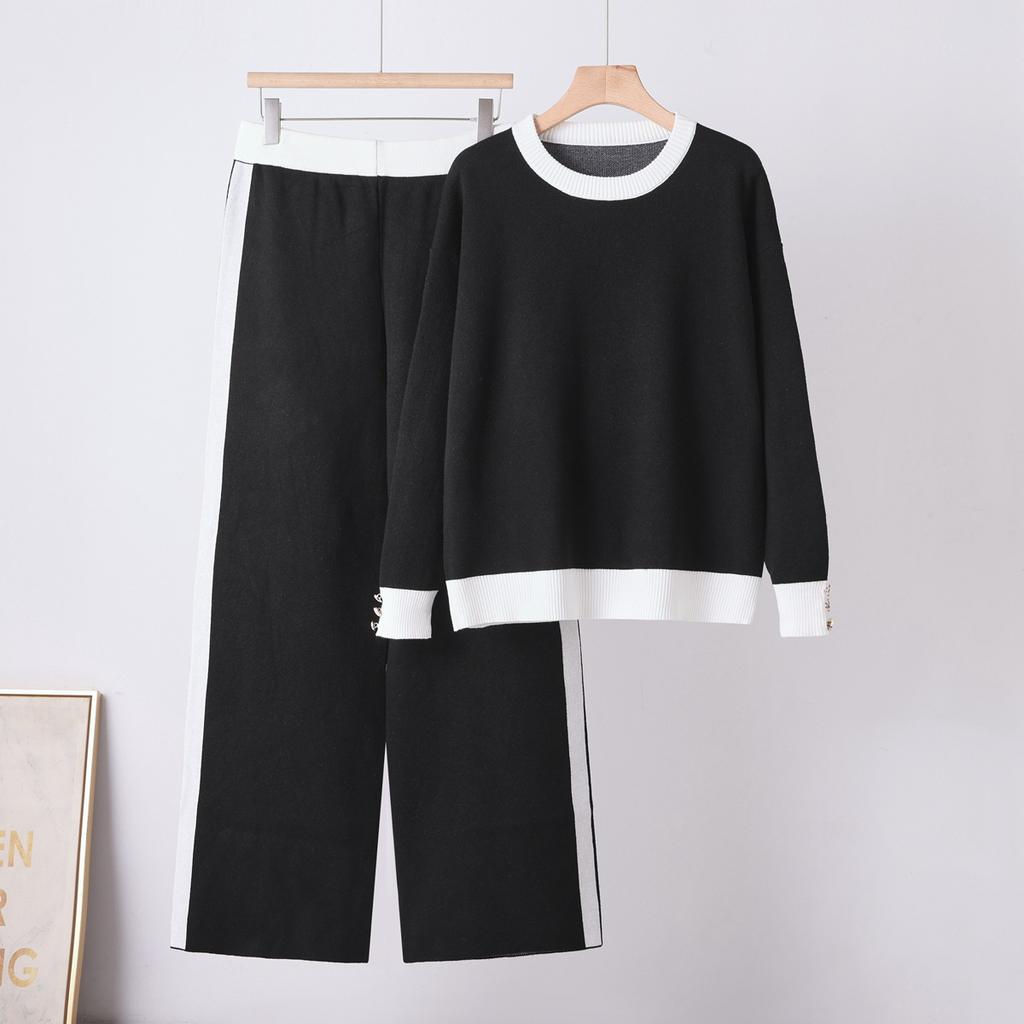 European Autumn and Winter New Temperament Contrasting Color Round Neck Knitted Sweater Slim Wide-leg Pants Two-piece Set for Women