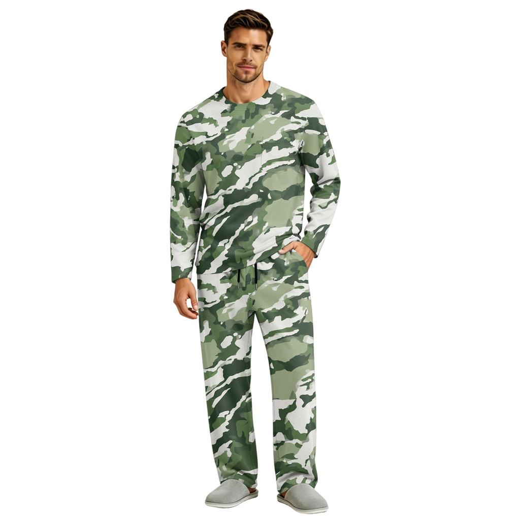 Men's Long Sleeve Pajama Set with Button Crotch and Elastic Drawstring Waist Pants for Home Loungewear